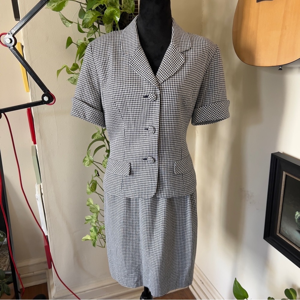 Vtg Donna Ricco Silk Blend Navy White Check Print Skirt Suit - Size 12
